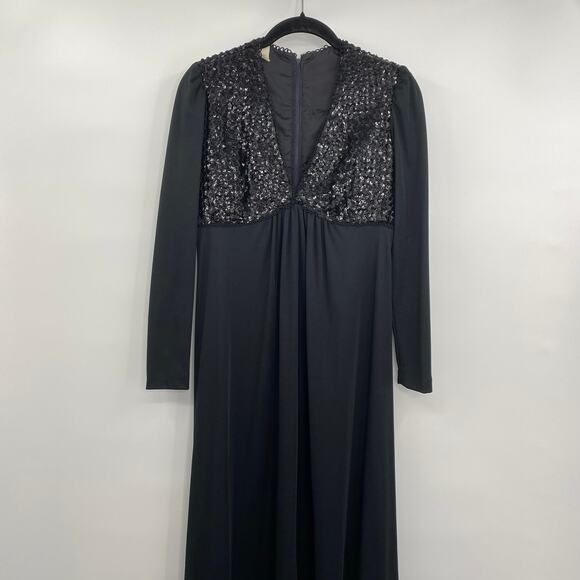 Vintage Shawn Jos 1970s Formal Gown Maxi Dress Black Sequin V Neck Womens Small - Picture 2 of 9